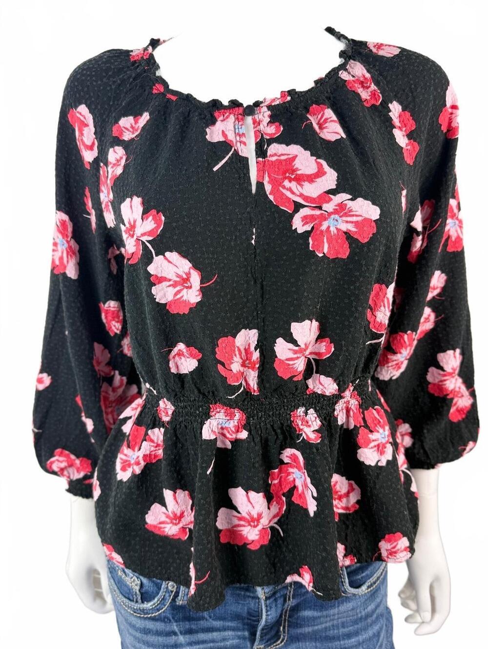 Popsugar Women's Black Floral Long Sleeve Peplum Blouse Large